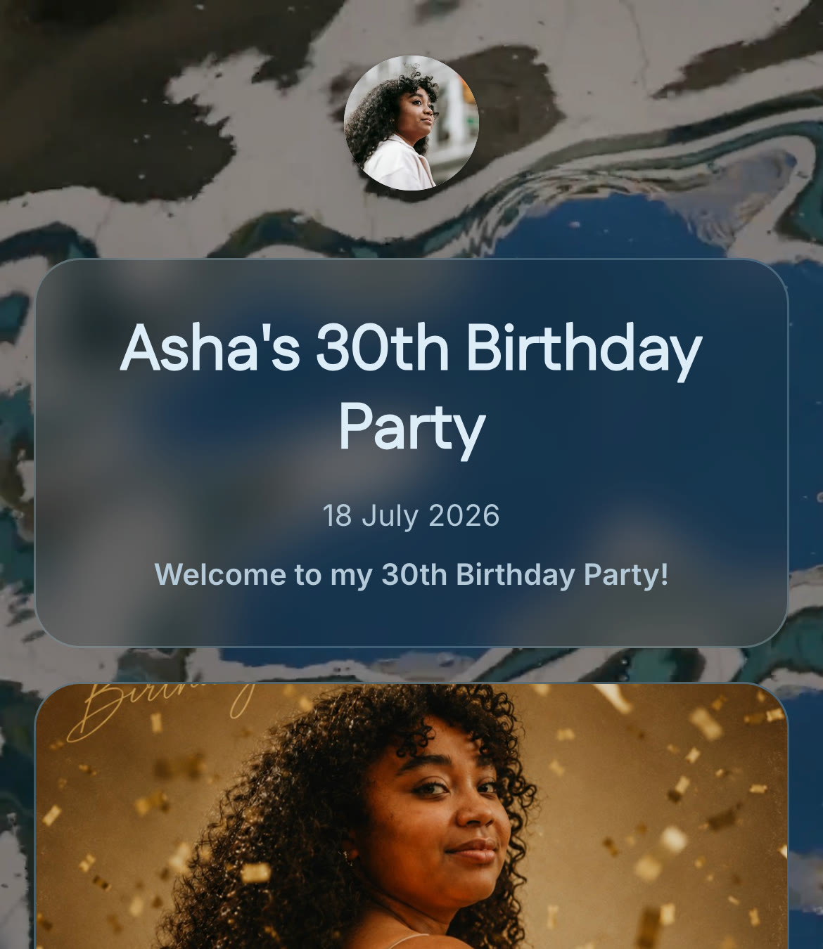 A birthday party event page showing the party title, date and a celebration photo