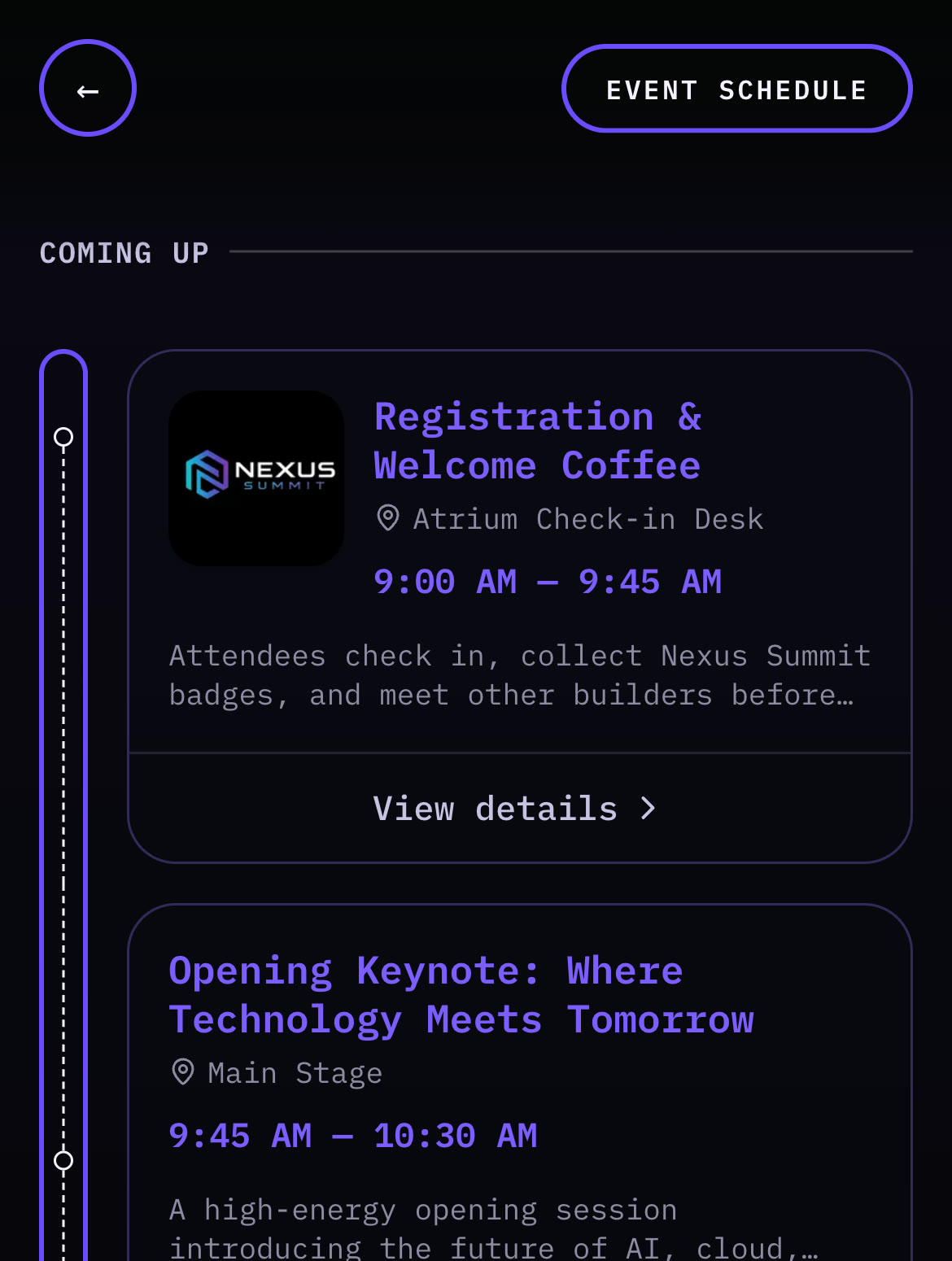A real event schedule screen showing session cards with times, locations and details for a tech conference