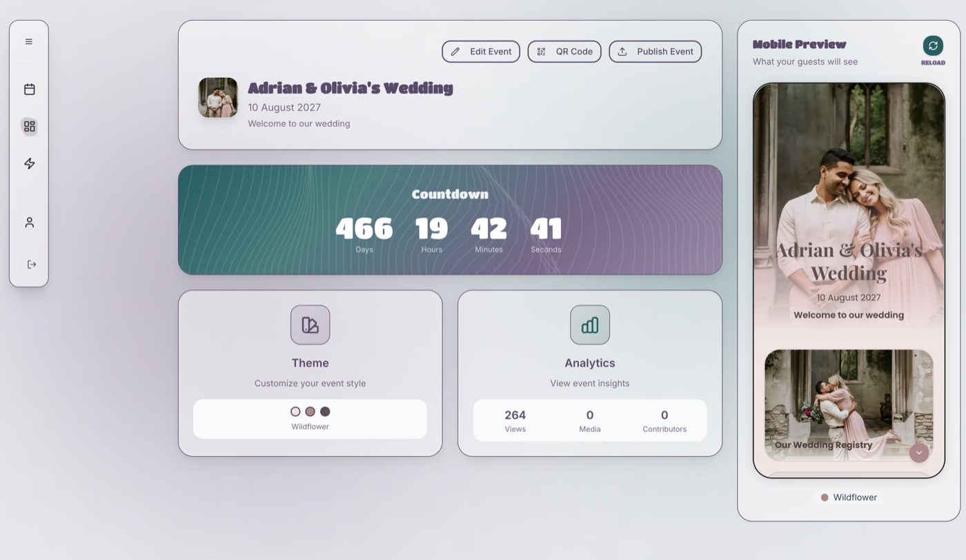 The ShareWithGuests dashboard, showing the QR Code button next to Edit Event and Publish Event, with a live mobile preview of the guest event page