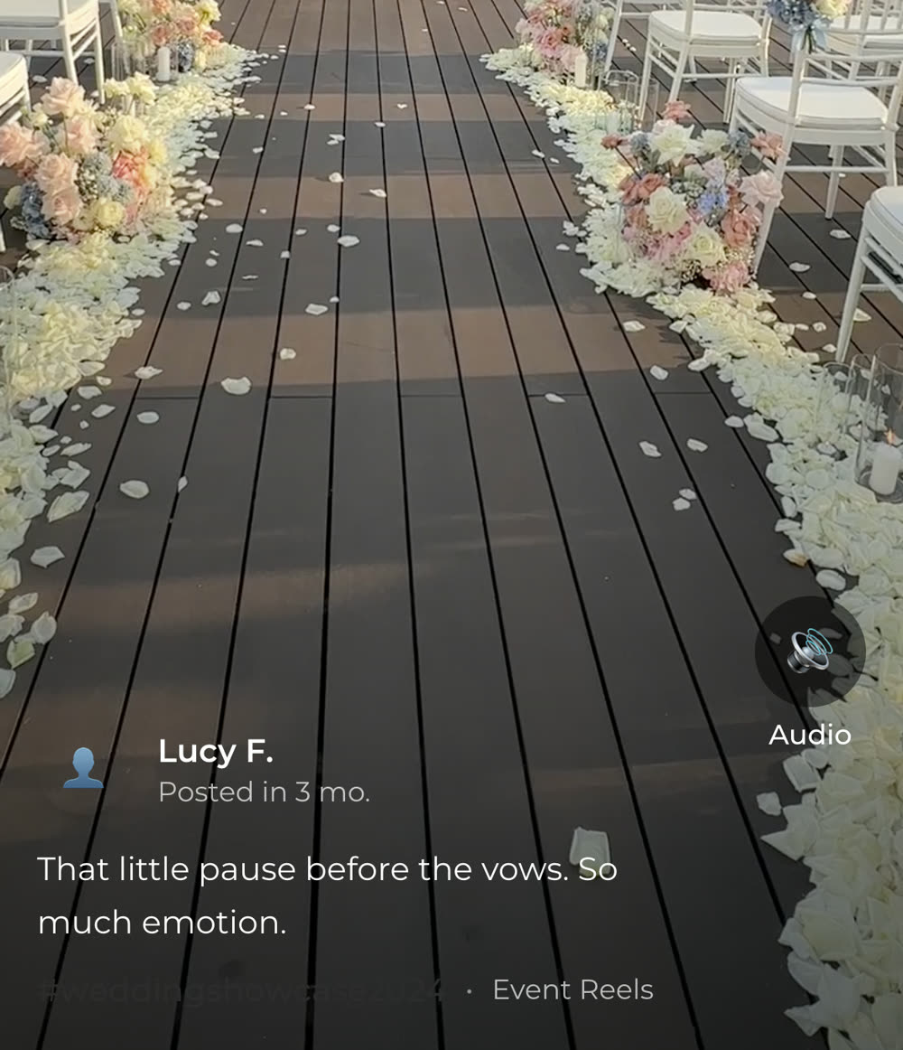 The ShareWithGuests event reel showing a guest’s ceremony photo with their name and caption underneath