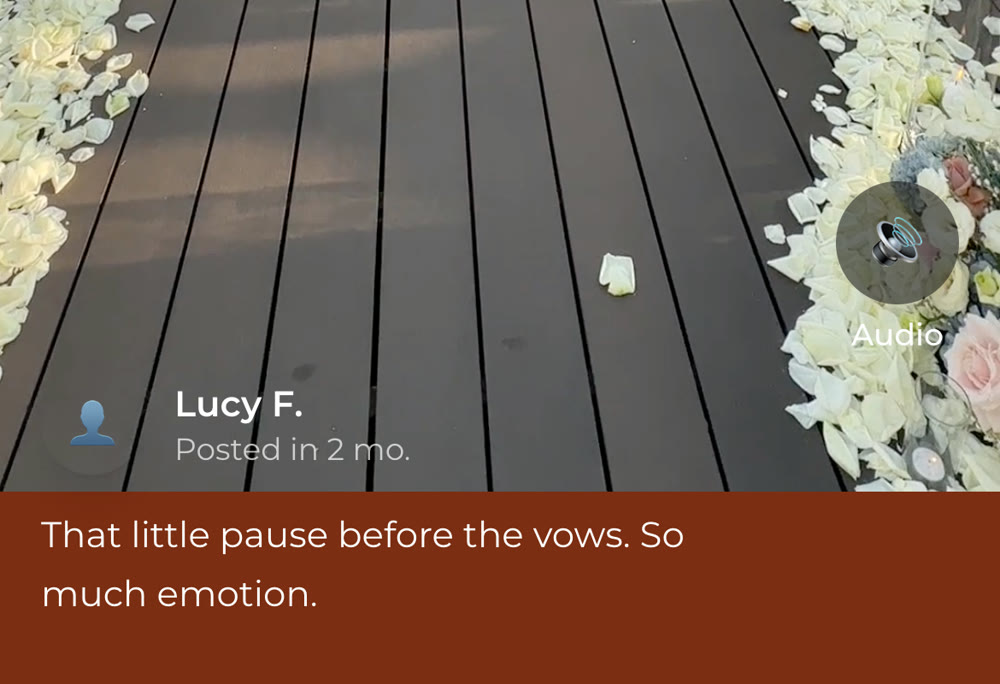 A digital guest book entry in ShareWithGuests: a guest photo of a floral wedding ceremony aisle with the guest’s name and their written message underneath