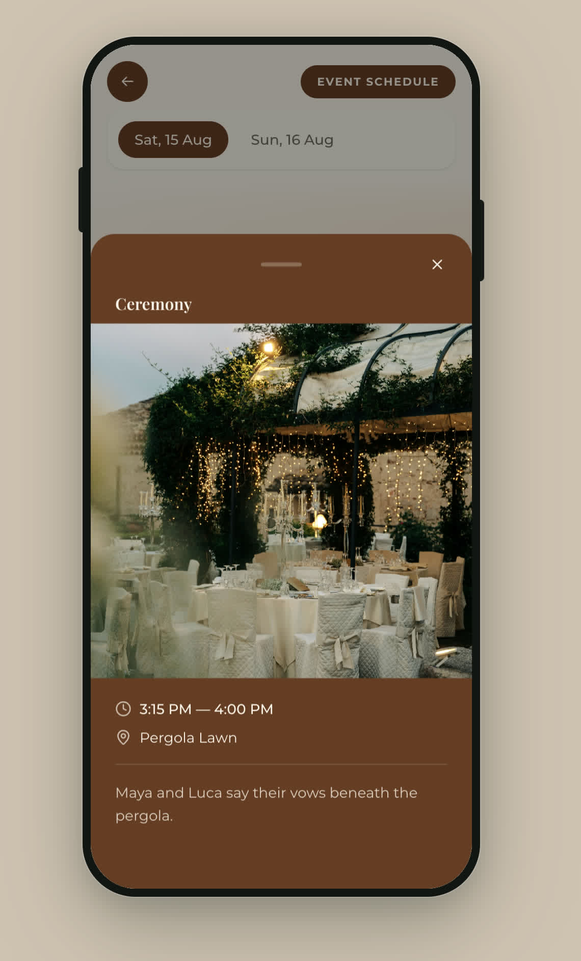 A wedding reception timeline on a guest’s phone in the ShareWithGuests event schedule, showing an entry with its time and location