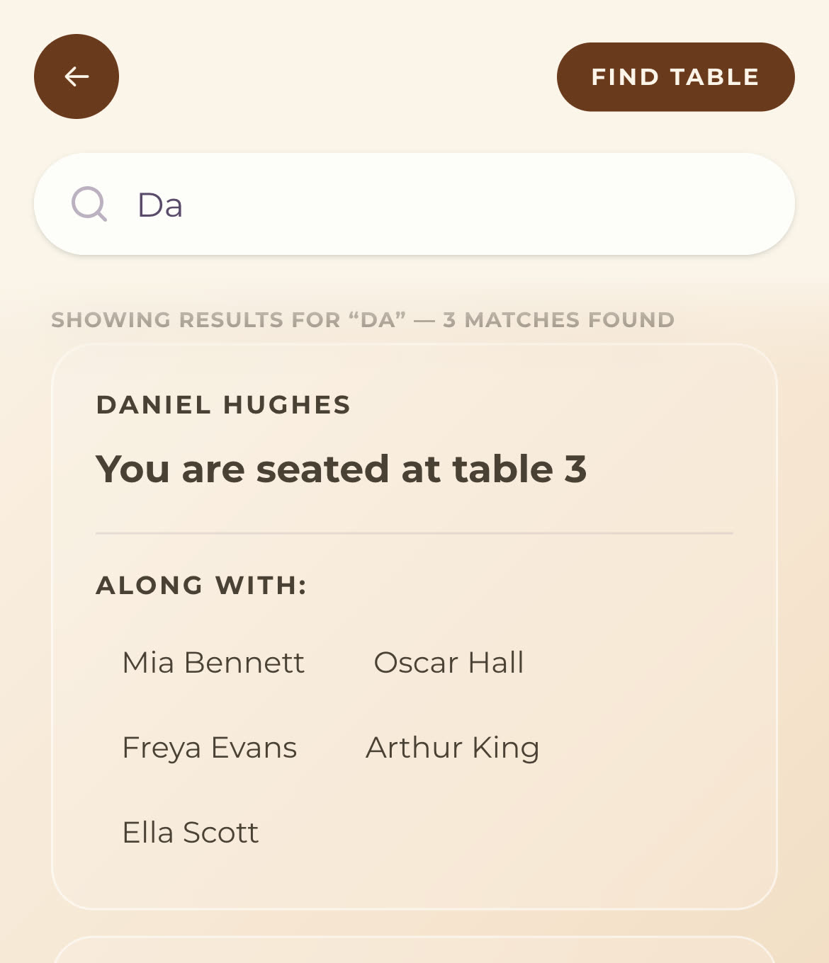 The ShareWithGuests Find Your Table screen showing a guest’s name search result with their table number and tablemates listed