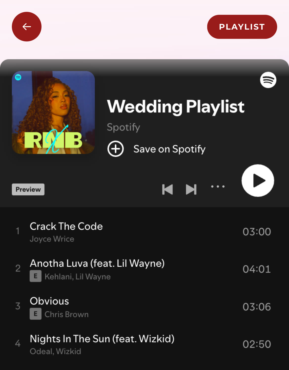 The ShareWithGuests event page showing an embedded Wedding Playlist with track list, play controls and a Save on Spotify button