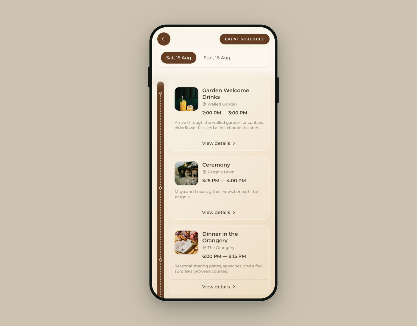 A wedding schedule on a phone showing day tabs for Saturday and Sunday, with welcome drinks, the ceremony and dinner each listed with a time, a location and a short description