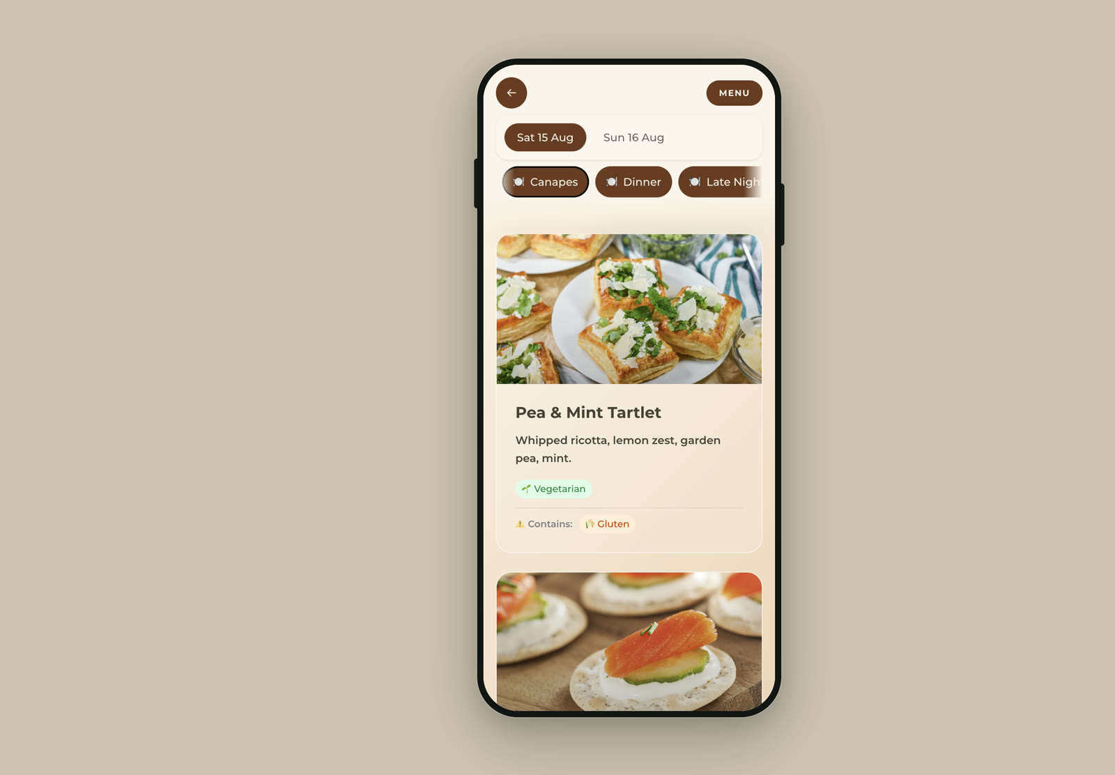 A digital wedding menu on a phone showing day tabs, course tabs, a photographed canape and a vegetarian and gluten label